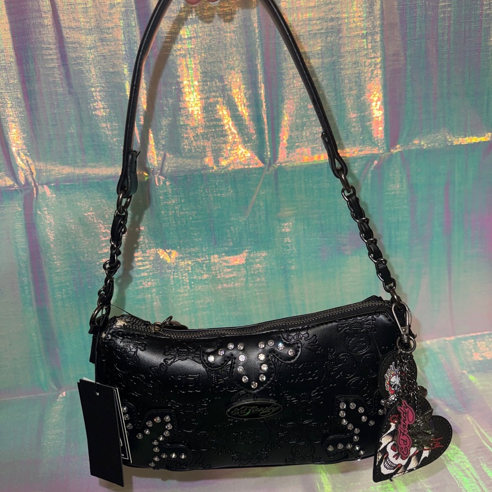 Ed Hardy Black Embossed Studded Shoulder Bag